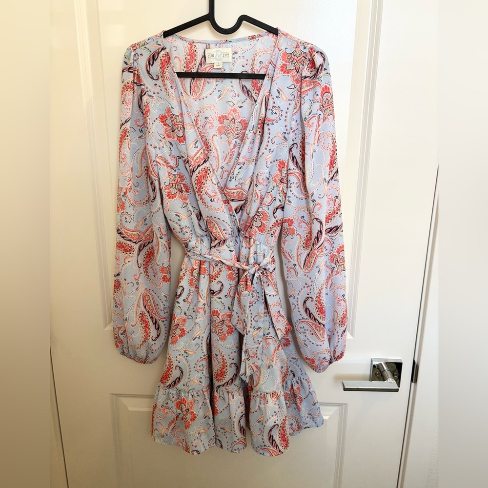 Jun & Ivy Paisley Boho Mini Dress Blue Long Sleeve Spring Romantic